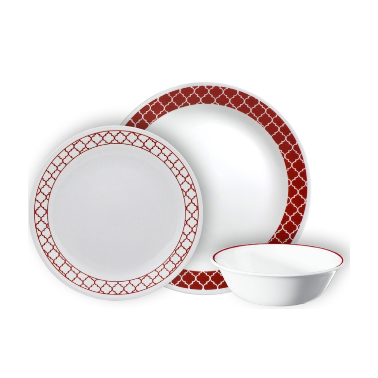 סט צלחות 48 חלקים ל16 סועדים Crimson Trelis מבית CORELLE קורל
