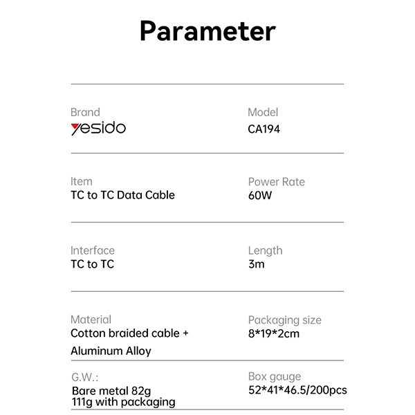 כבל-נתונים-וטעינה-מהירה-60W-חיבור-Type-C-באורך-3-מטר-Yesido-CA194-13 copy