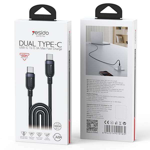 כבל-נתונים-וטעינה-מהירה-60W-חיבור-Type-C-באורך-3-מטר-Yesido-CA194-14 copy