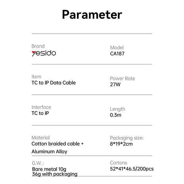 כבל-נתונים-וטעינה-מהירה-שזור-Type-C-ל-Lightning-בהספק-27W-באורך-30-ס22מ-Yesido-CA187-12 copy