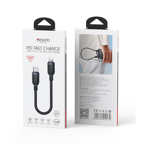 כבל-נתונים-וטעינה-מהירה-שזור-Type-C-ל-Lightning-בהספק-27W-באורך-30-ס22מ-Yesido-CA187-14 copy 2