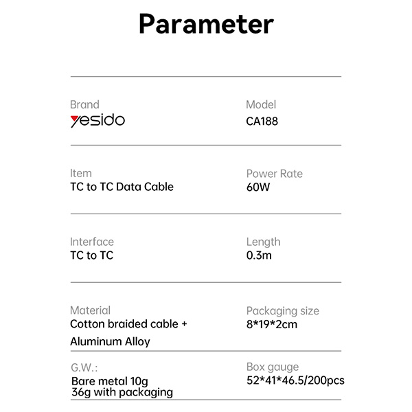 כבל-נתונים-וטעינה-מהירה-Type-C-בהספק-60W-באורך-30-ס22מ-עמיד-במיוחד-Yesido-CA188-12 copy