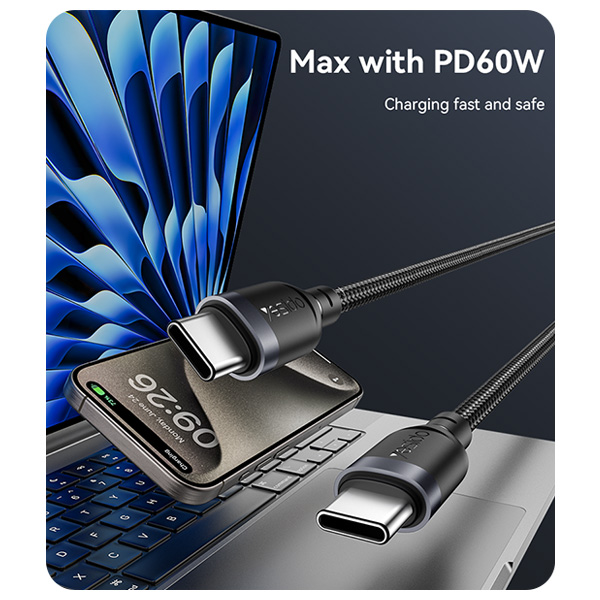 כבל-נתונים-וטעינה-מהירה-Type-C-בהספק-60W-באורך-30-ס22מ-עמיד-במיוחד-Yesido-CA188-4 copy