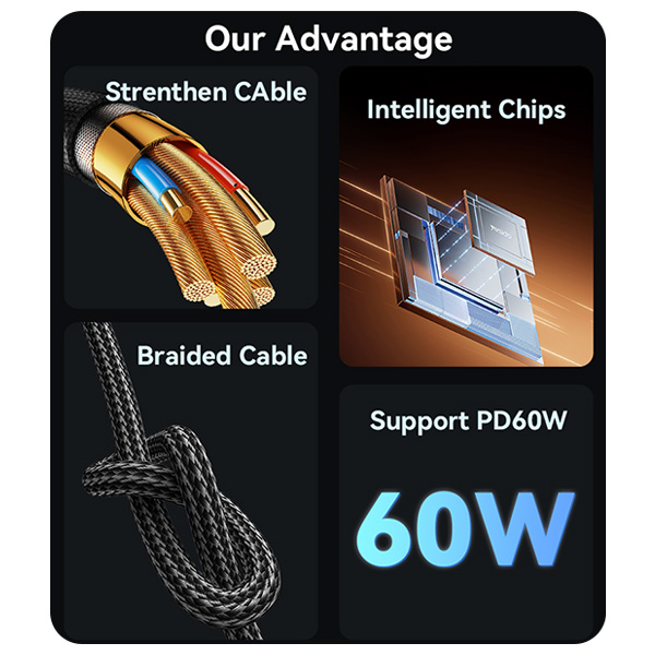 כבל-נתונים-וטעינה-מהירה-Type-C-בהספק-60W-באורך-30-ס22מ-עמיד-במיוחד-Yesido-CA188-3 copy