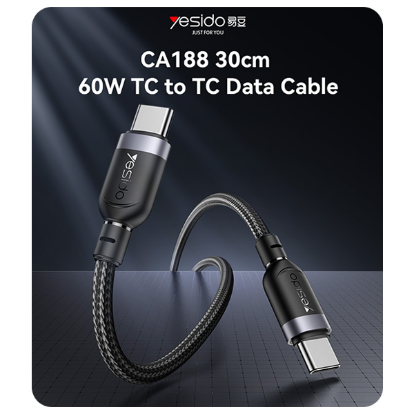כבל-נתונים-וטעינה-מהירה-Type-C-בהספק-60W-באורך-30-ס22מ-עמיד-במיוחד-Yesido-CA188-2 copy