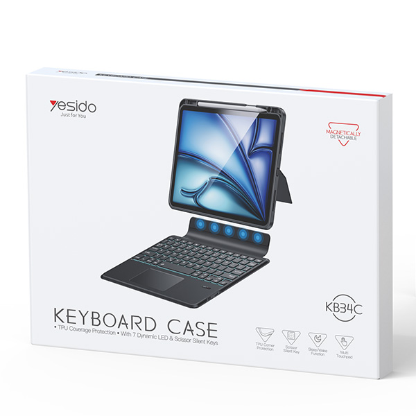 כיסוי-מקלדת-לאייפד-אייר-10.911-2020-2025-עם-מקשים-שקטים-ונורות-LED-דינמיות-Yesido-K34C-2 copy