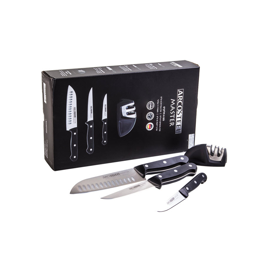 סט 3 סכינים ומשחיז עשוי מפלדת אל חלד מבית ARCOSTEEL ארקוסטיל